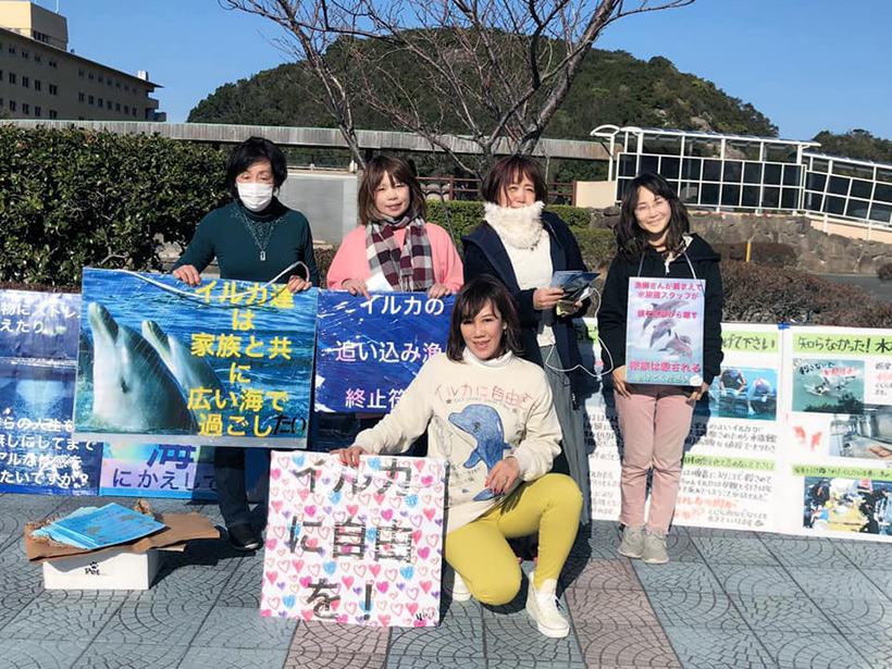 Mutige Aktivistinen demonstrieren seit Samstag und heute Sonntag in der Bucht und vor dem Taiji Whale Museum. Diese Heldinen gaben den Delfinen eine Stimme.